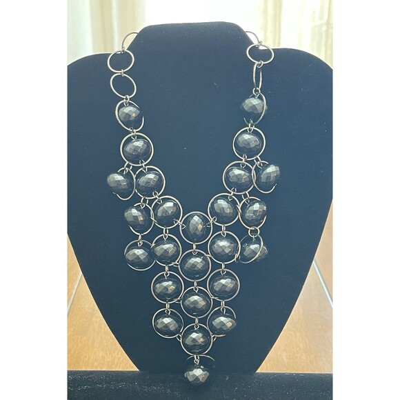 Lydell NYC Jewelry - Lydell Bib Statement Necklace Black Faceted Beads Metal Rings Chunky Fashion
